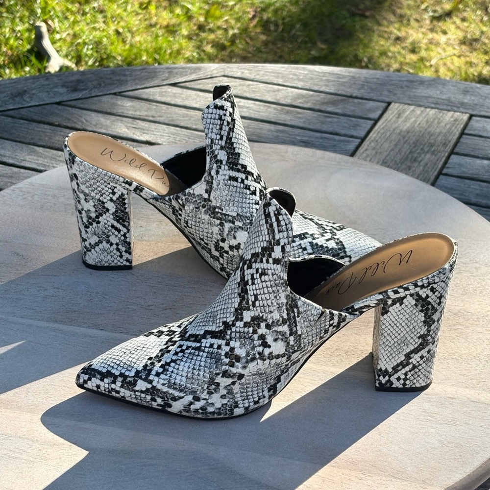 Wild Pair Black and White Snakeskin Mules